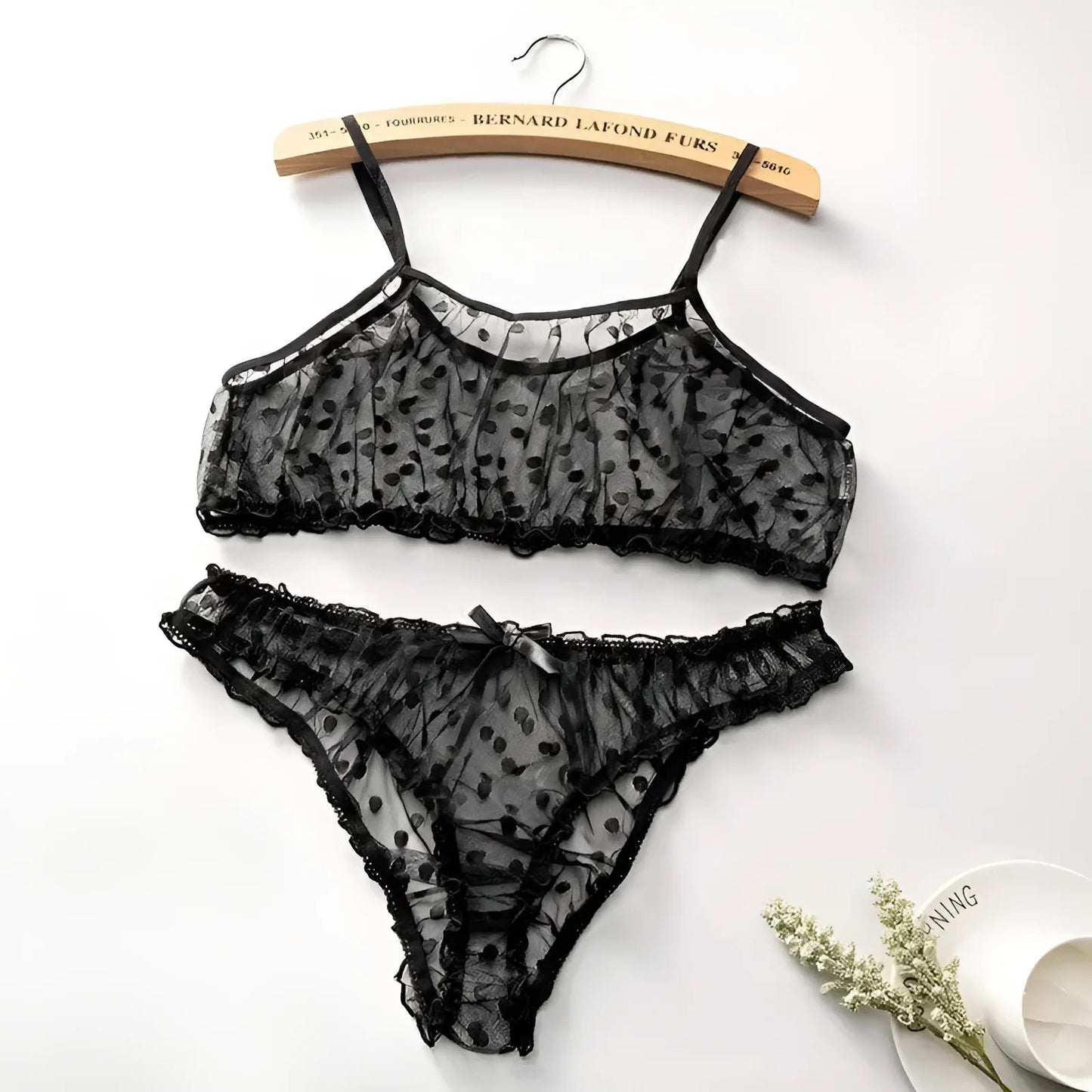 Black Lace Polka Dot Lingerie Set