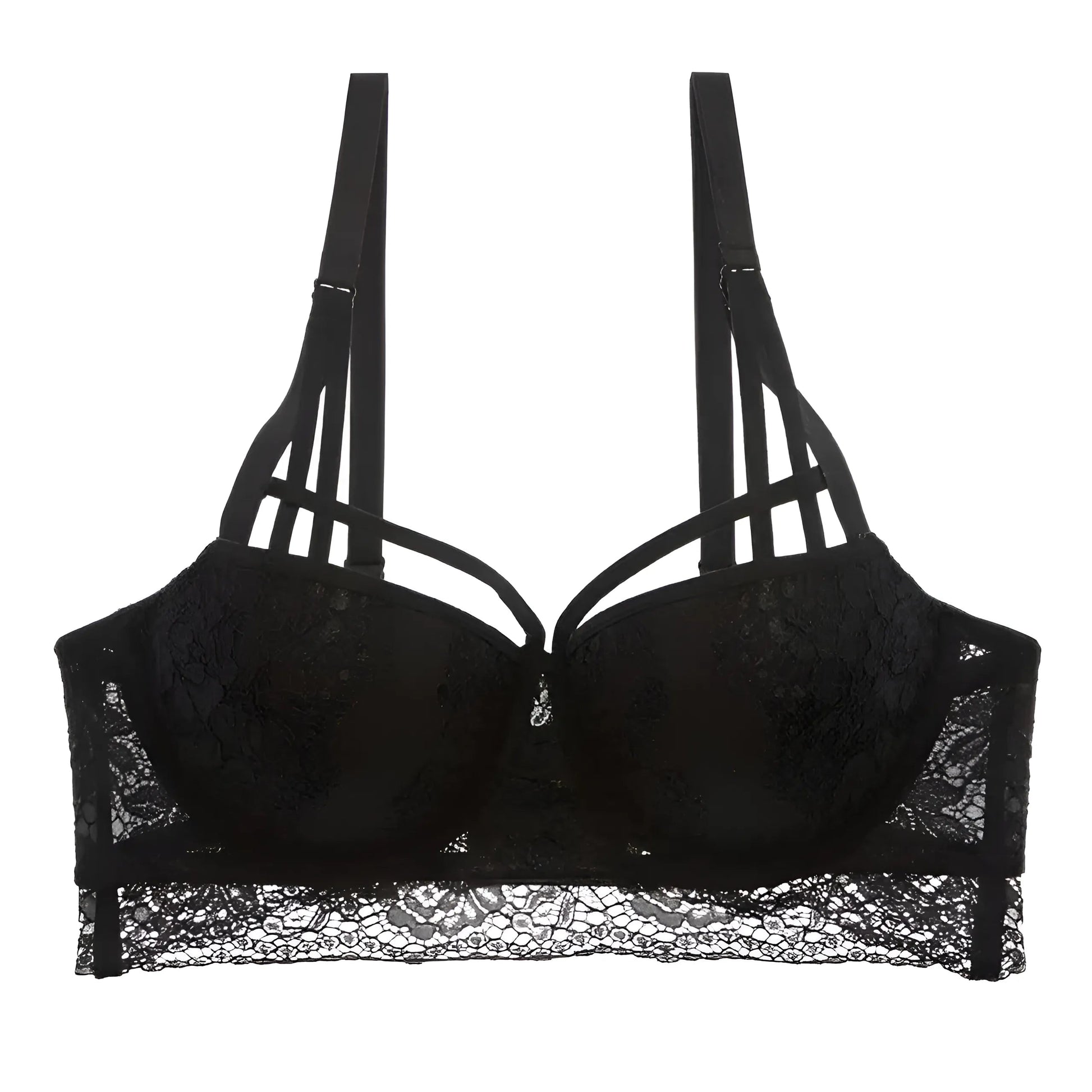 Black Lace Push-Up Bra with Decorative Straps