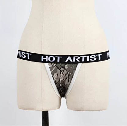 Black Lace String Briefs with "Hot Artist" Print