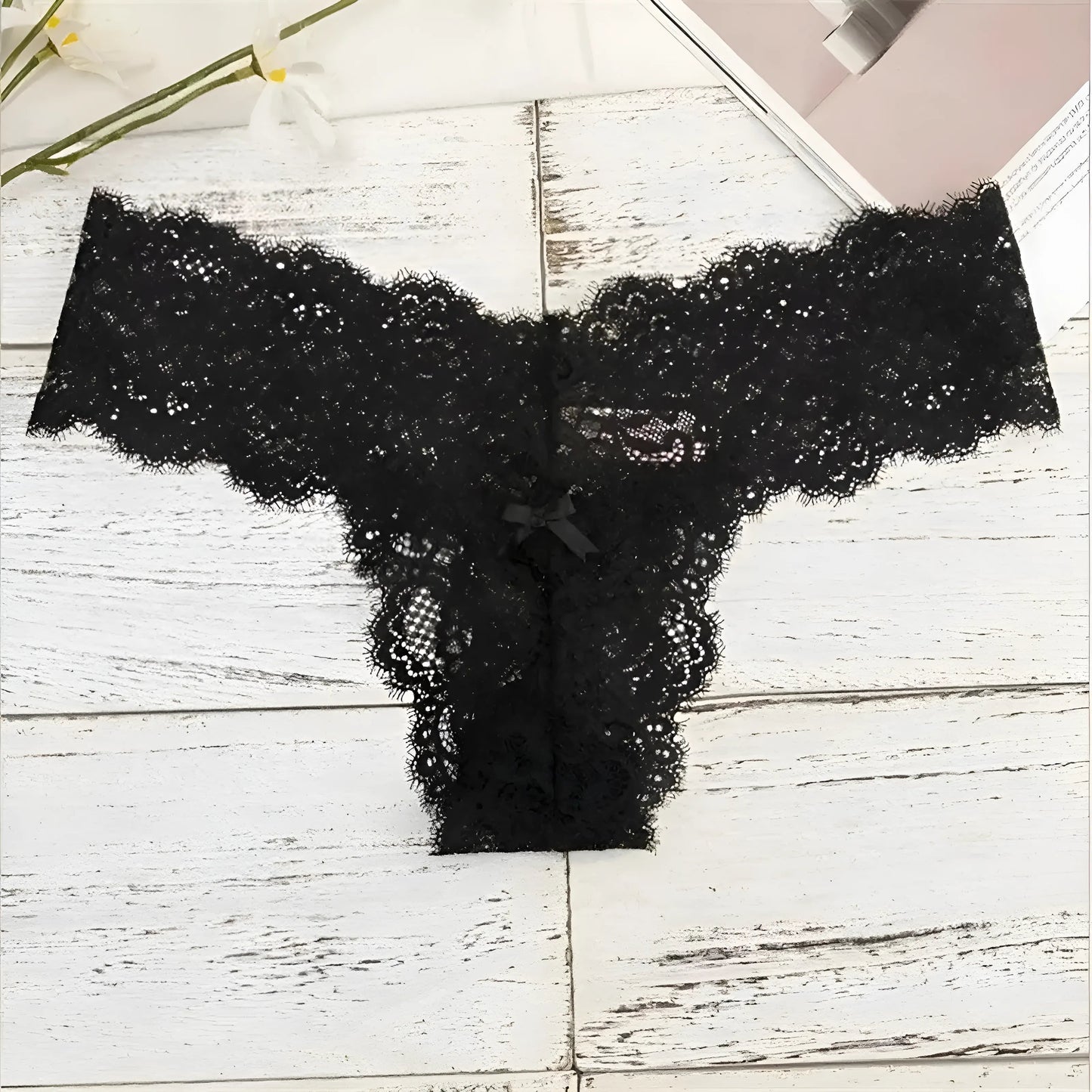 Black Lace String Thong with Bow