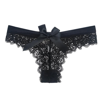 Black Lace String Thong with Bow