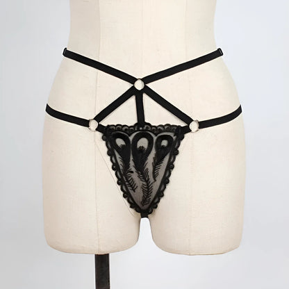 Black Lace String Thongs with Decorative Straps