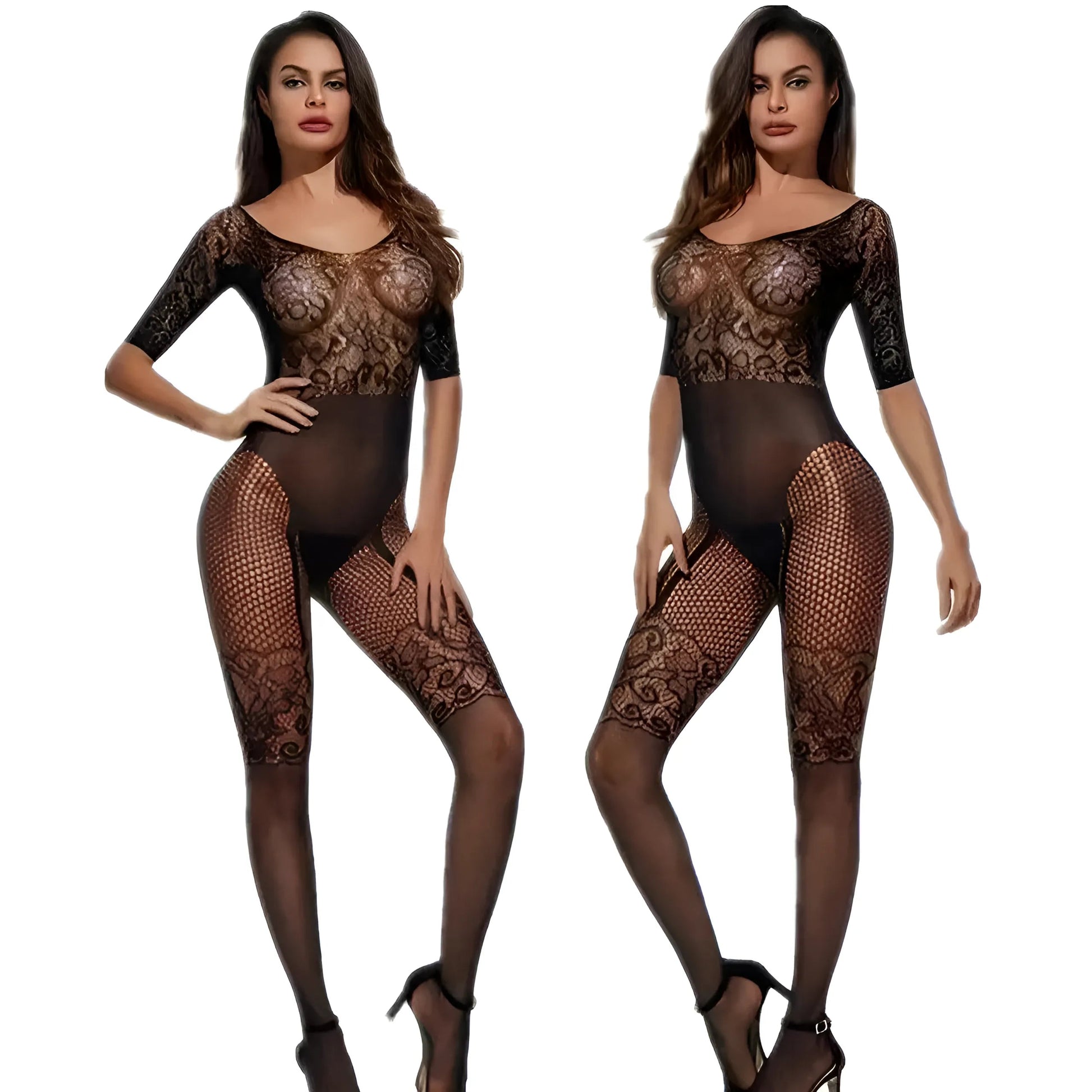 Black Lace-Top Bodystocking with Back Tie Detail