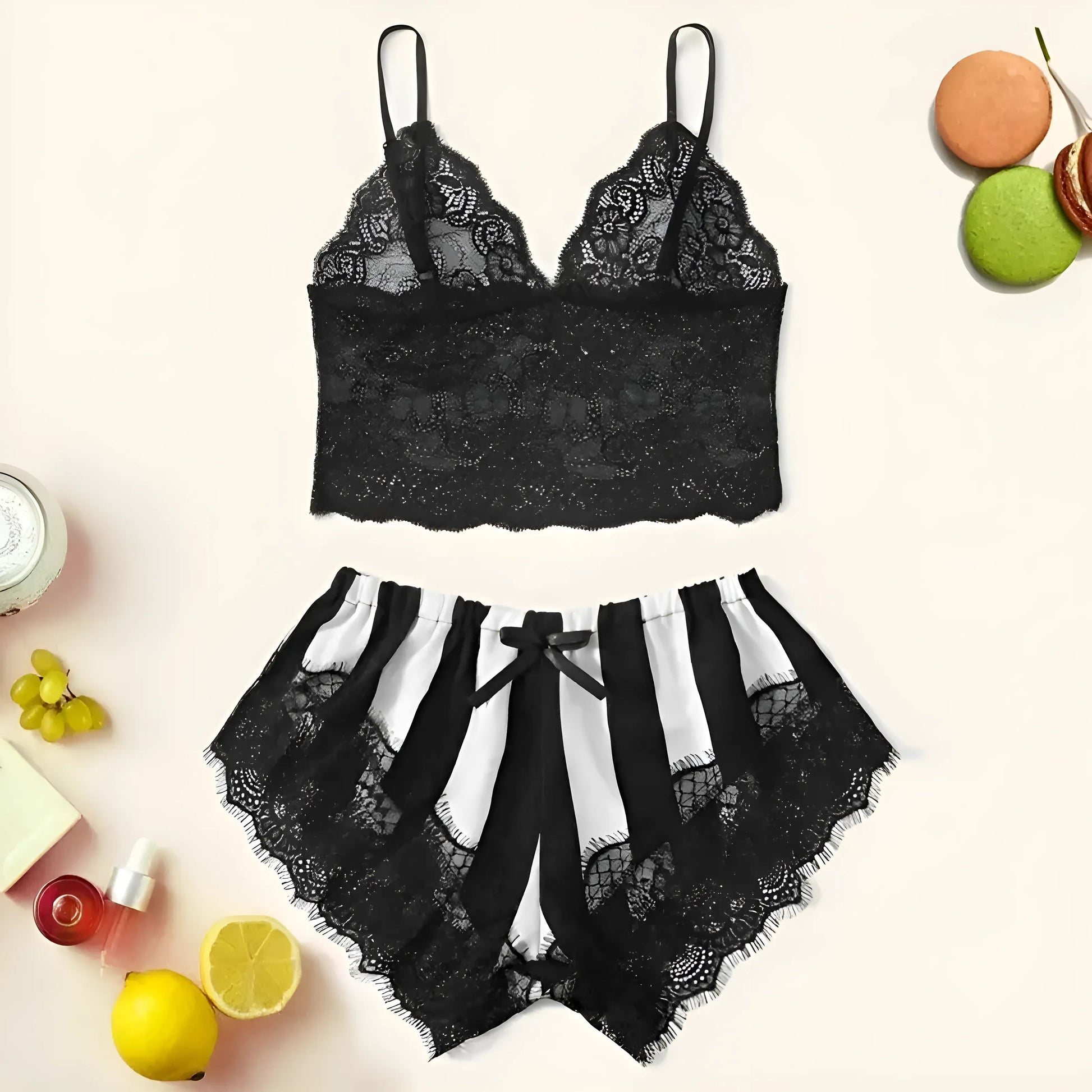 Black Lace Top Women's Pyjama Set