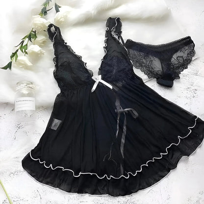 Black Lace Trim Short Nightdress