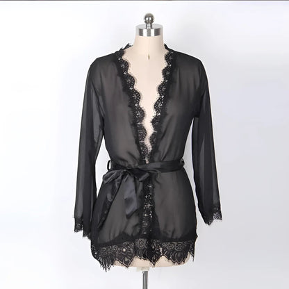 Black Lace Trimmed Robe Peniuar