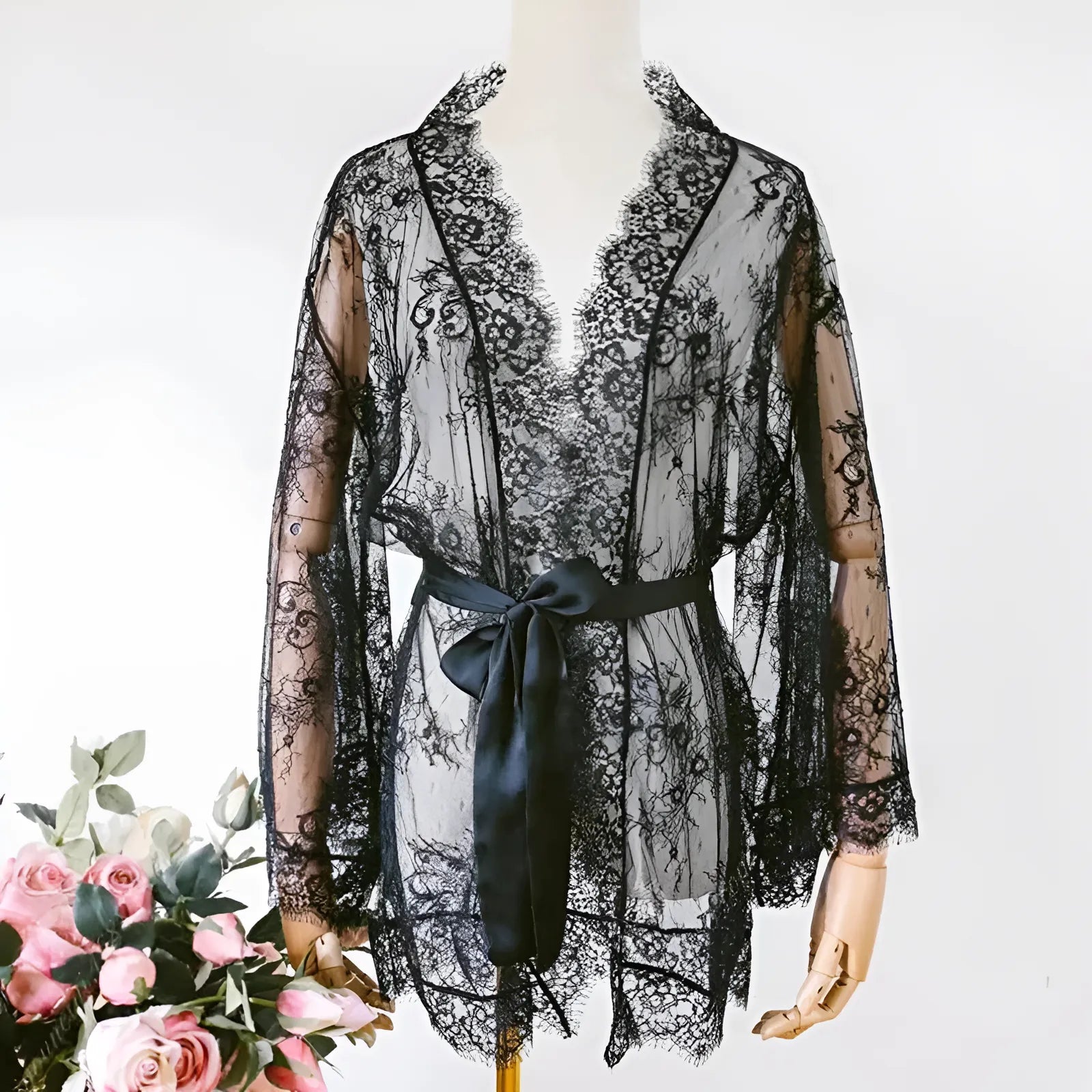 Black Lace Trimmed Robe Peniuar