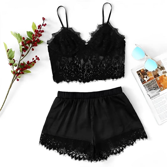 Black Lace-Trimmed Short Pyjama Set for Women