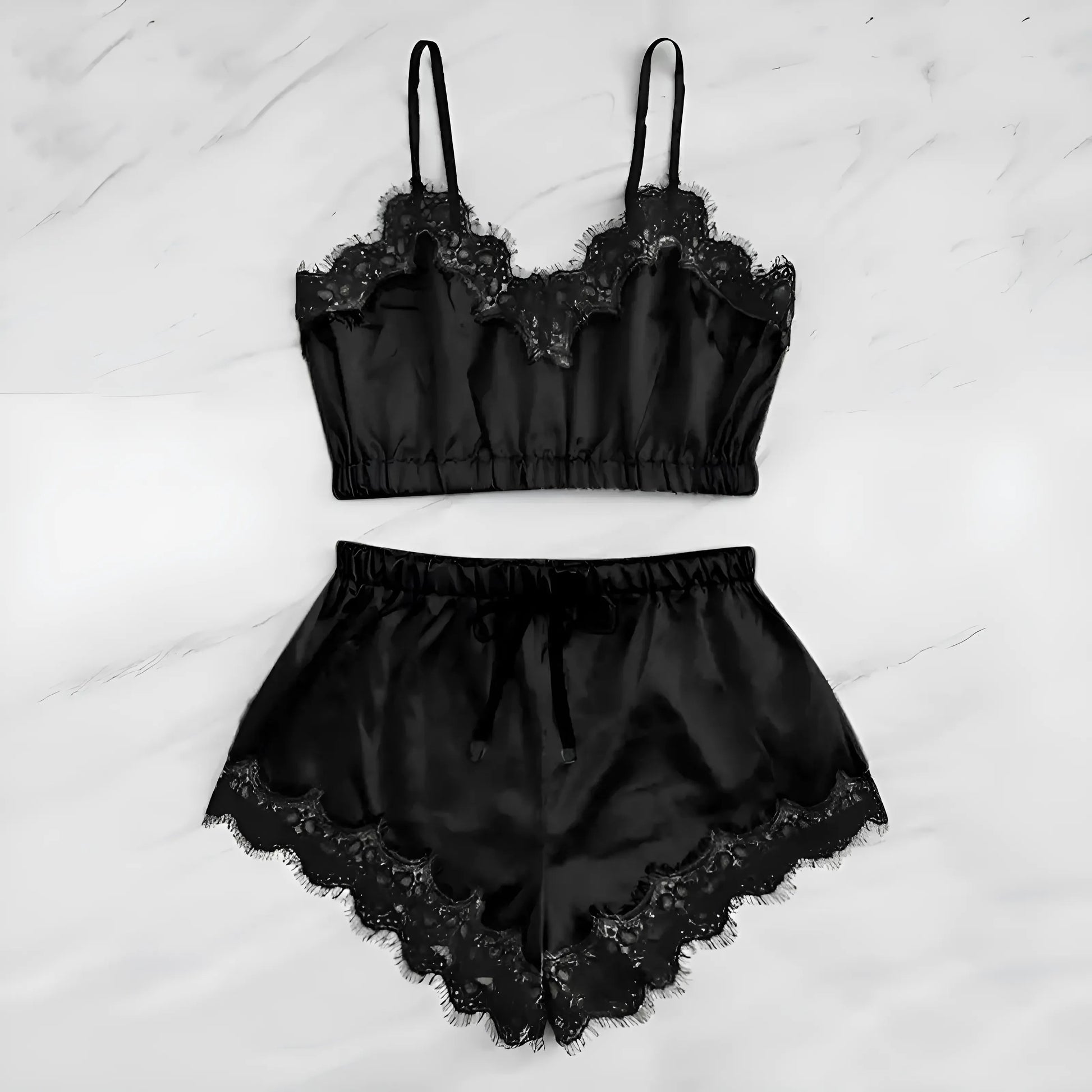 Black Lace Two-Piece Pyjama Set with Short Top