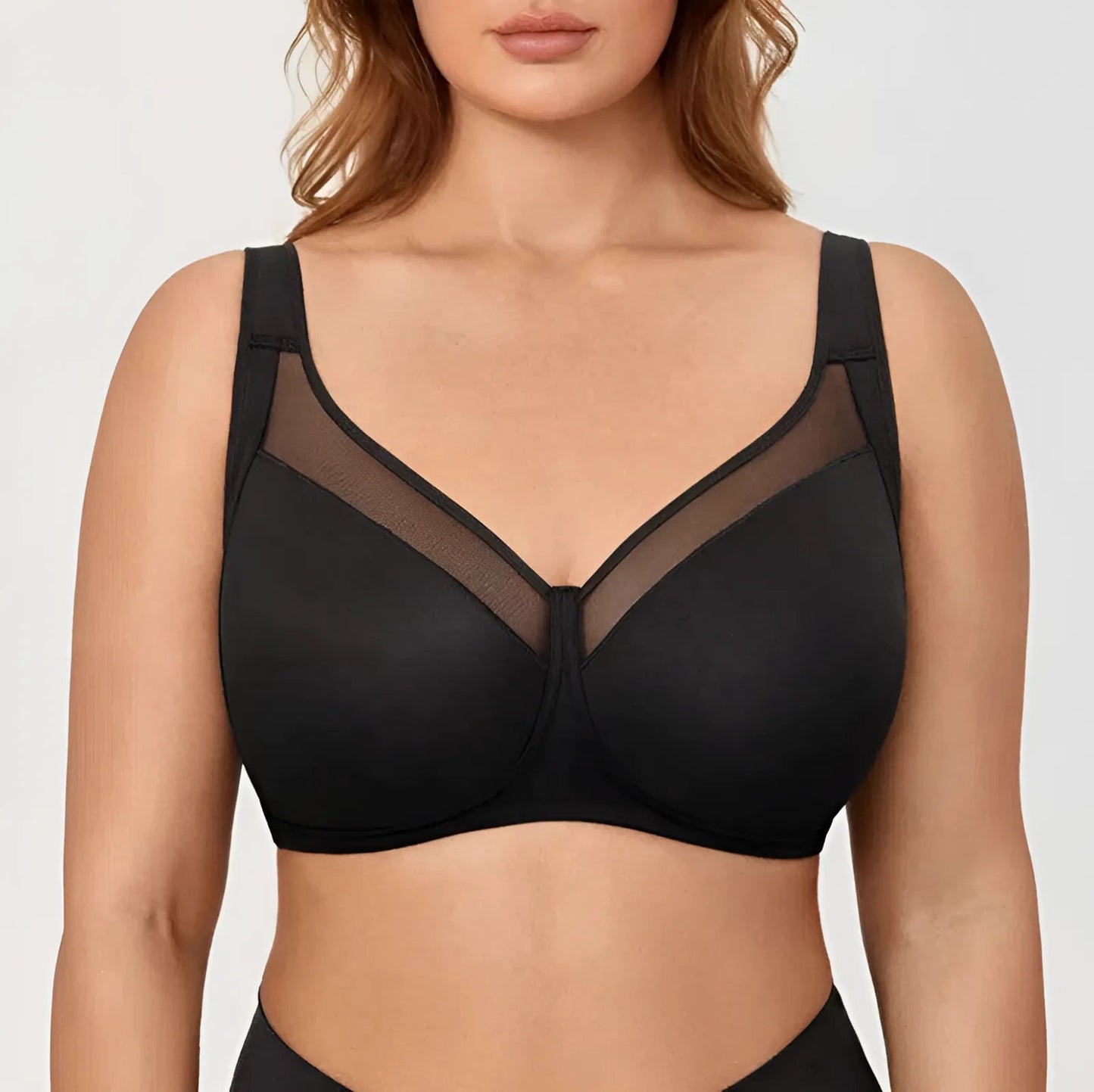 Black Large Size Sports Bra with Mesh Panel