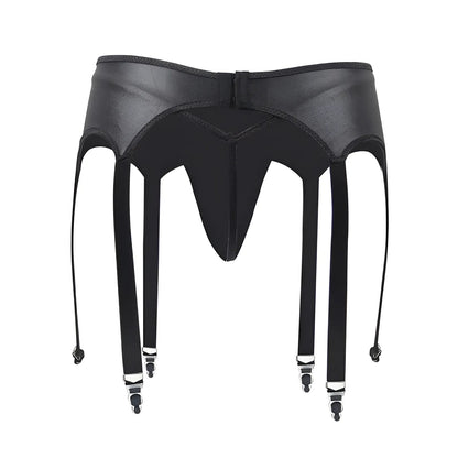 Black Latex Suspender Belt with Thong