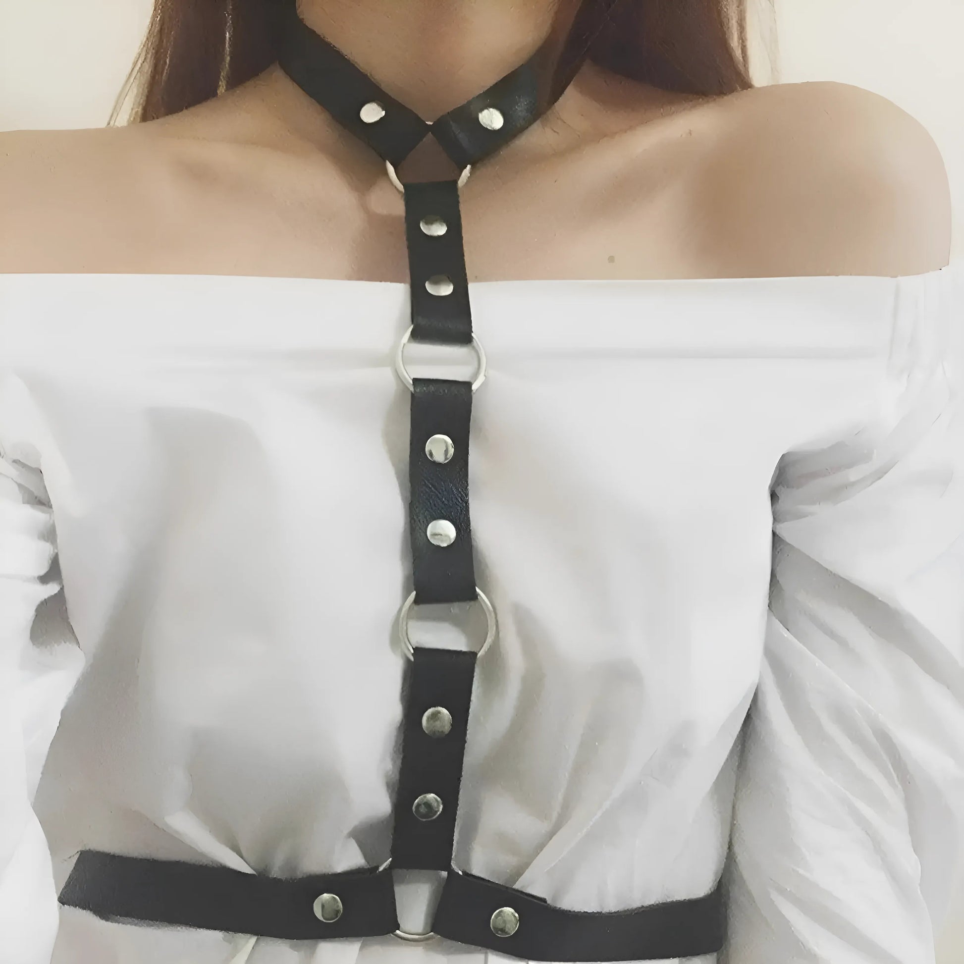 Black Leather Harness Bra with Choker