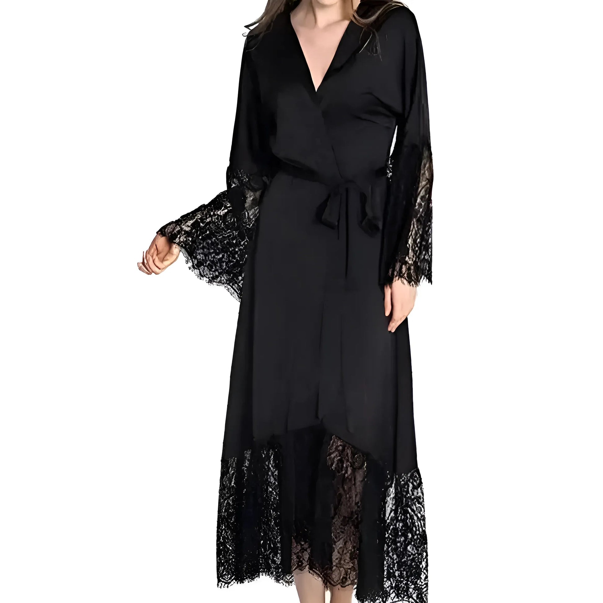 Black Long Lace Trim Robe