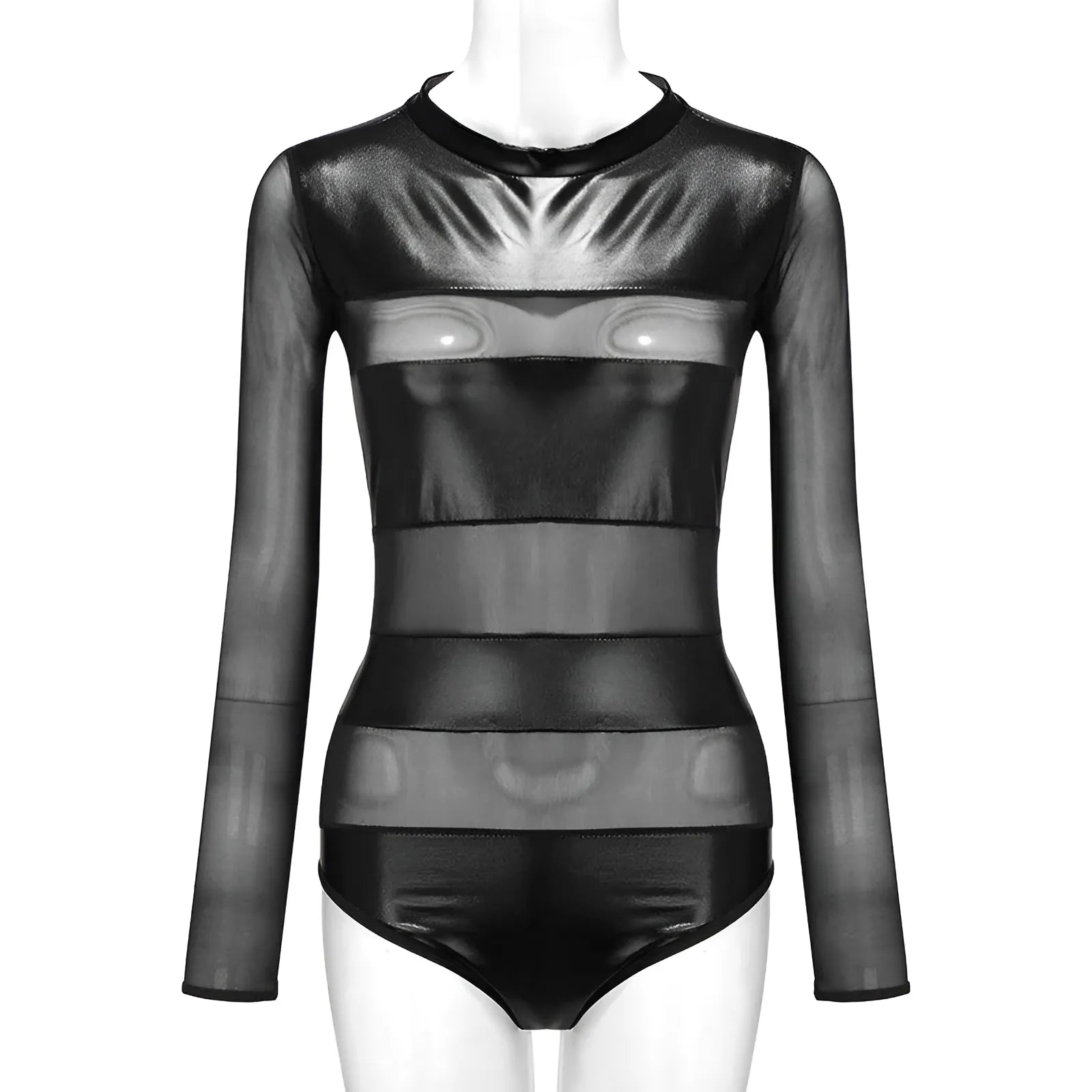 Black Long Sleeve Bodysuit with Leather Inserts