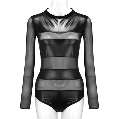 Black Long Sleeve Bodysuit with Leather Inserts