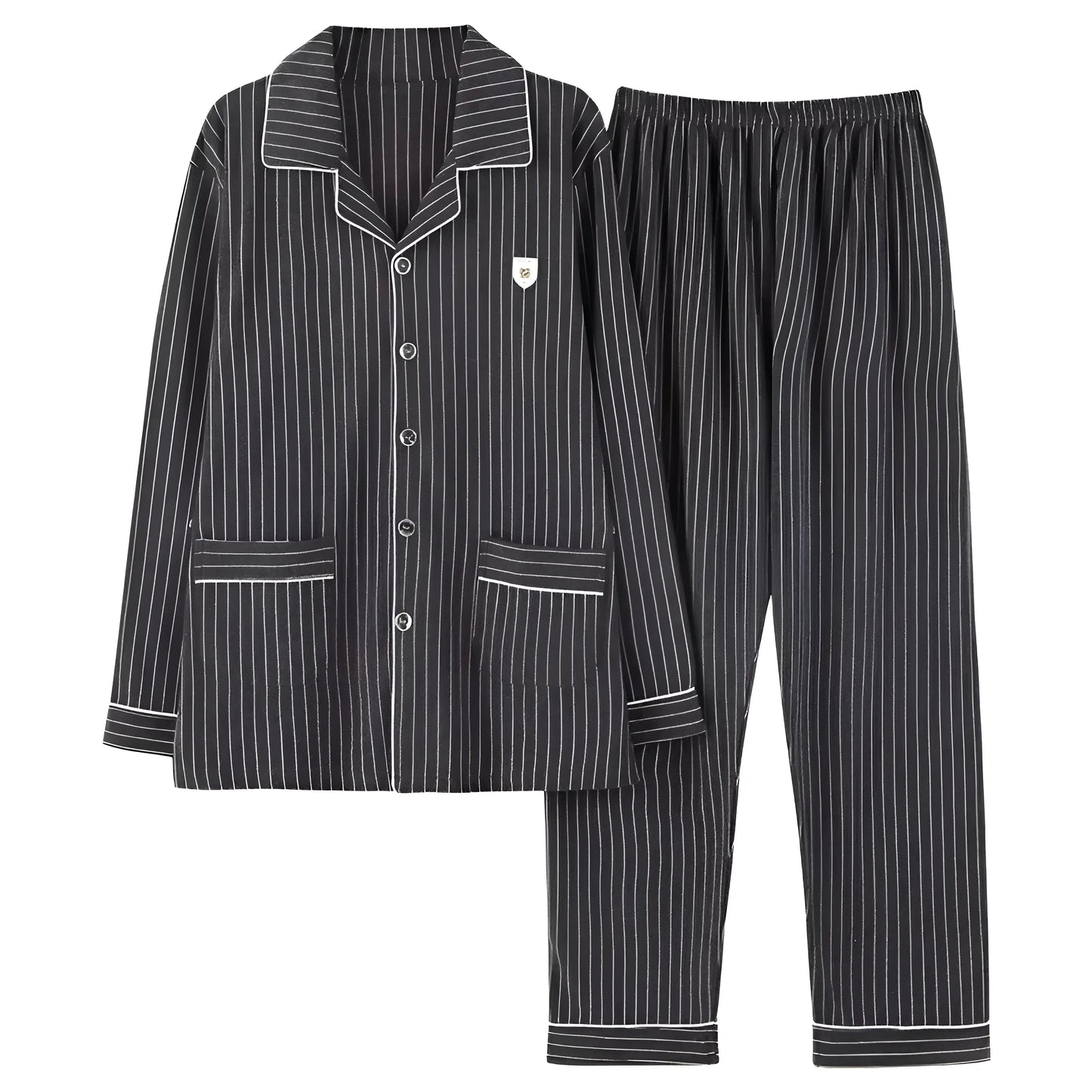 Black Men's Long Pyjama Set with Buttons