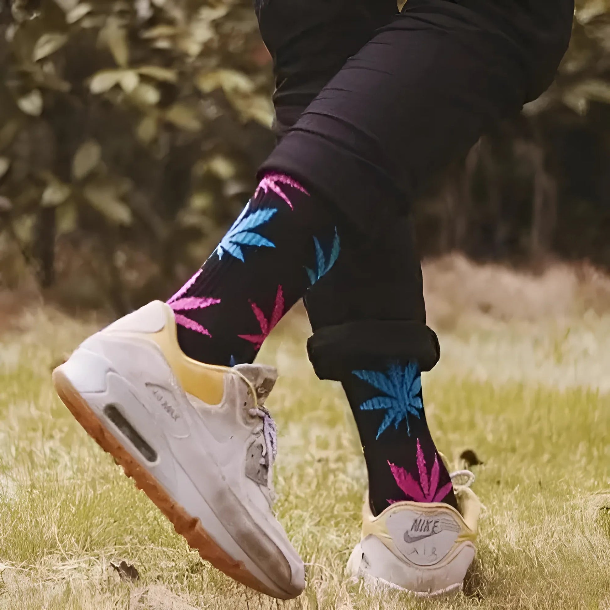 Black Men's Socks with Colourful Leaves Design