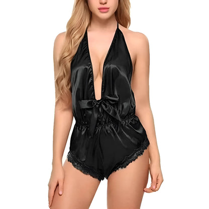 Black One-Piece Satin Pyjama with Open Back