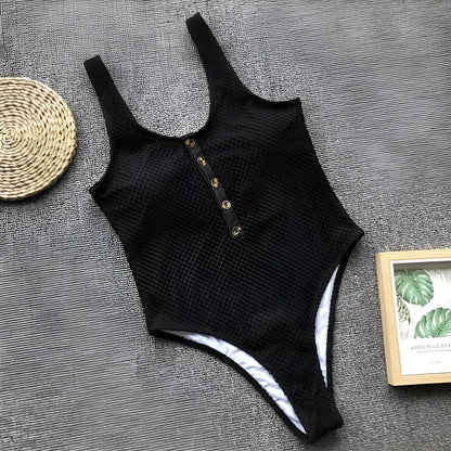 Black One-Piece Swimsuit with Buttons