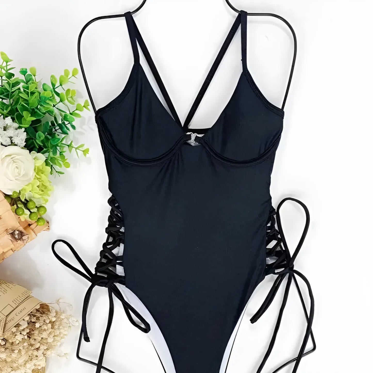 Black One-Piece Swimsuit with Side Ties