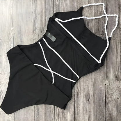 Black One-Piece Swimsuit with Straps at the Back