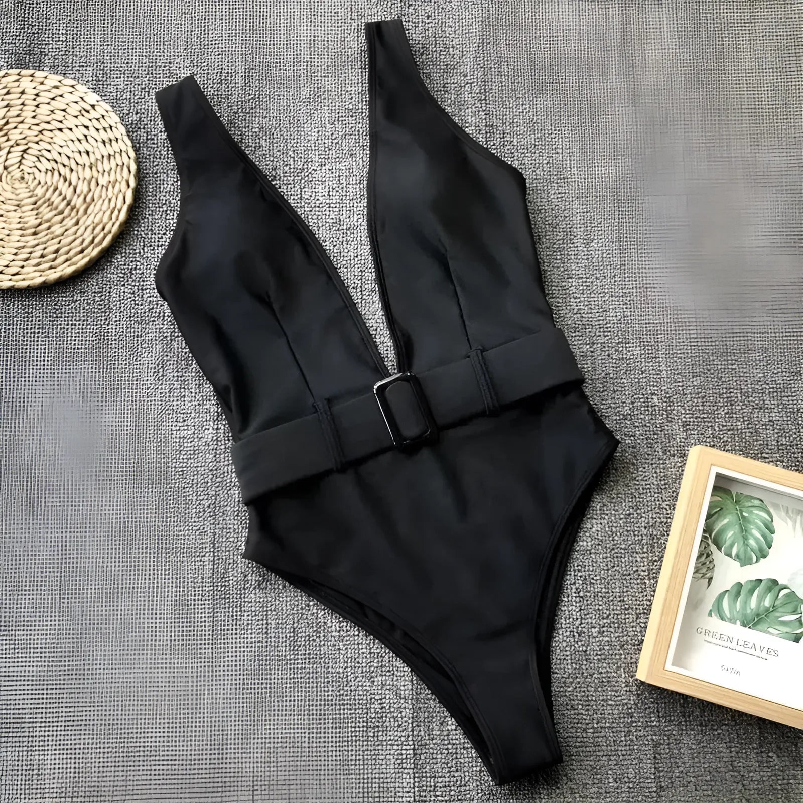 Black One-Piece Swimsuit with Waist Belt