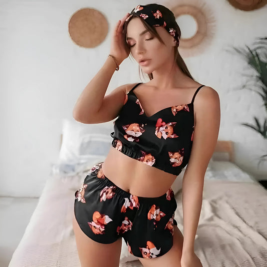 Black-Orange Short Top and Patterned Pyjama Set