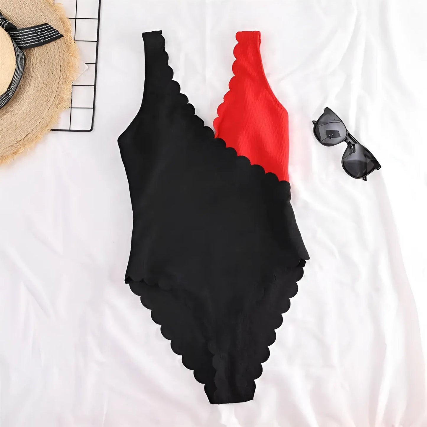 Black-Red Two-Tone Swimsuit