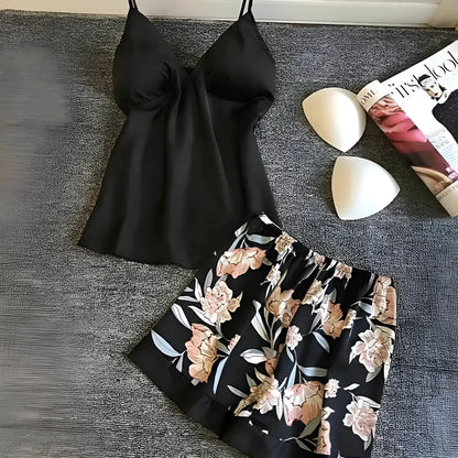 Black Satin Pyjama Set with Colourful Shorts