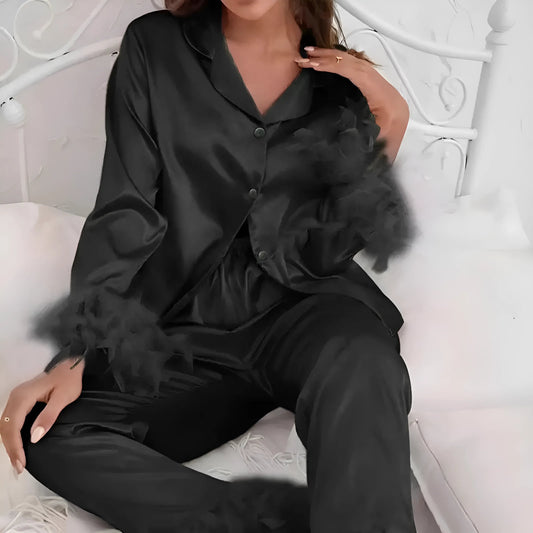 Black Satin Pyjama with Feathers