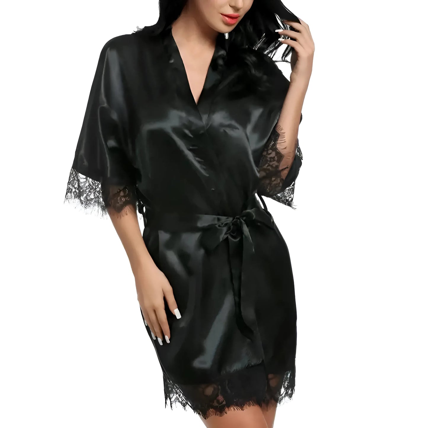 Black Satin Robe with Lace Trim