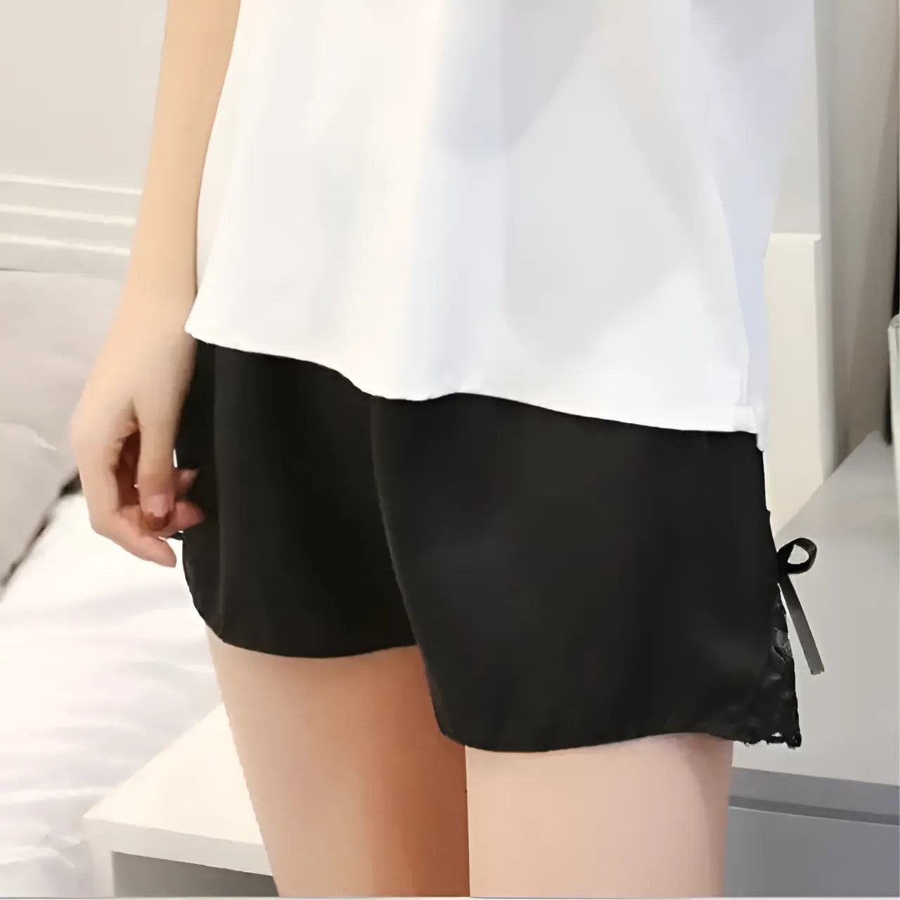 Black Satin Shorts with Elastic Waistband