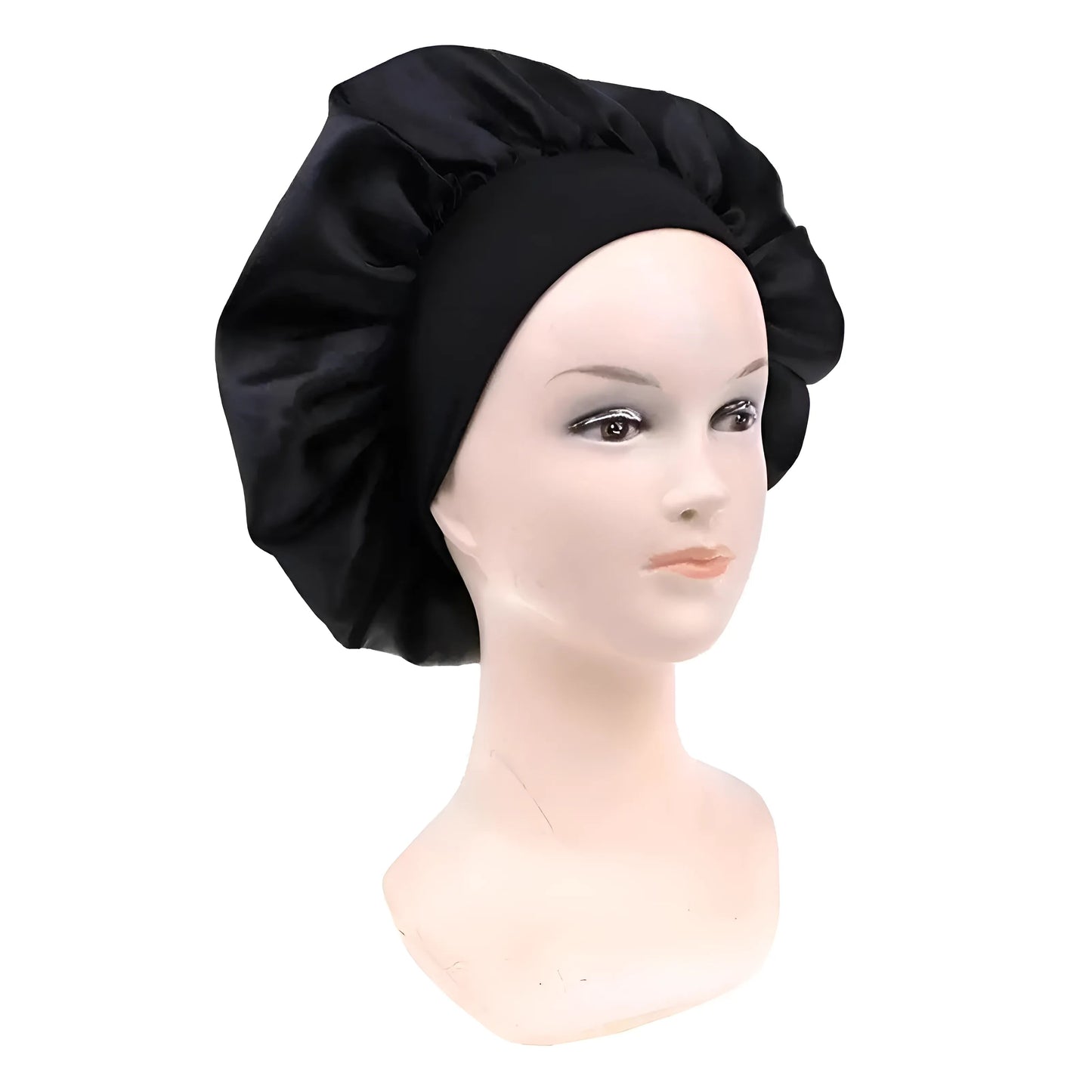 Black Satin Sleep Cap with Elastic Band