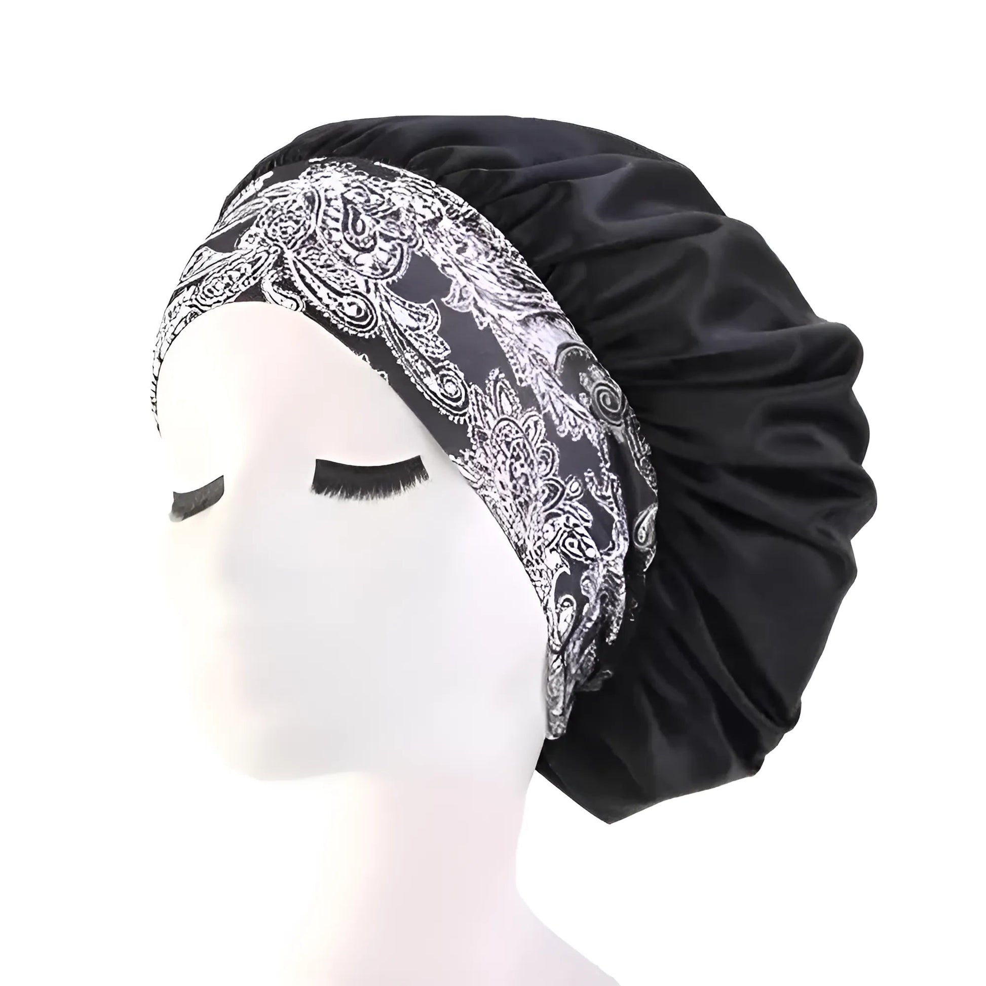 Black Satin Sleep Cap with Wide Elastic Band