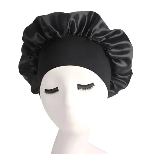 Black Satin Sleep Cap with Wide Elastic Band