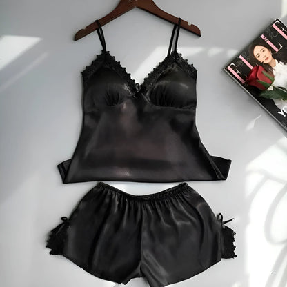 Black Silk Pyjama Set with Lace Trim