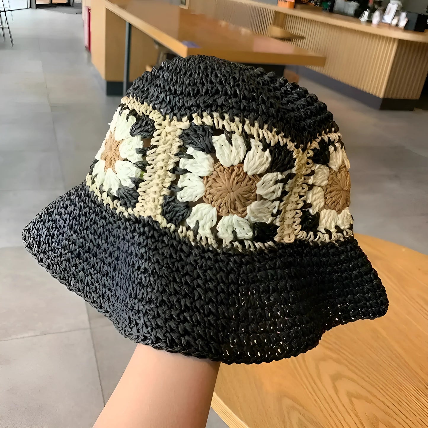 Black Straw Hat with Flowers