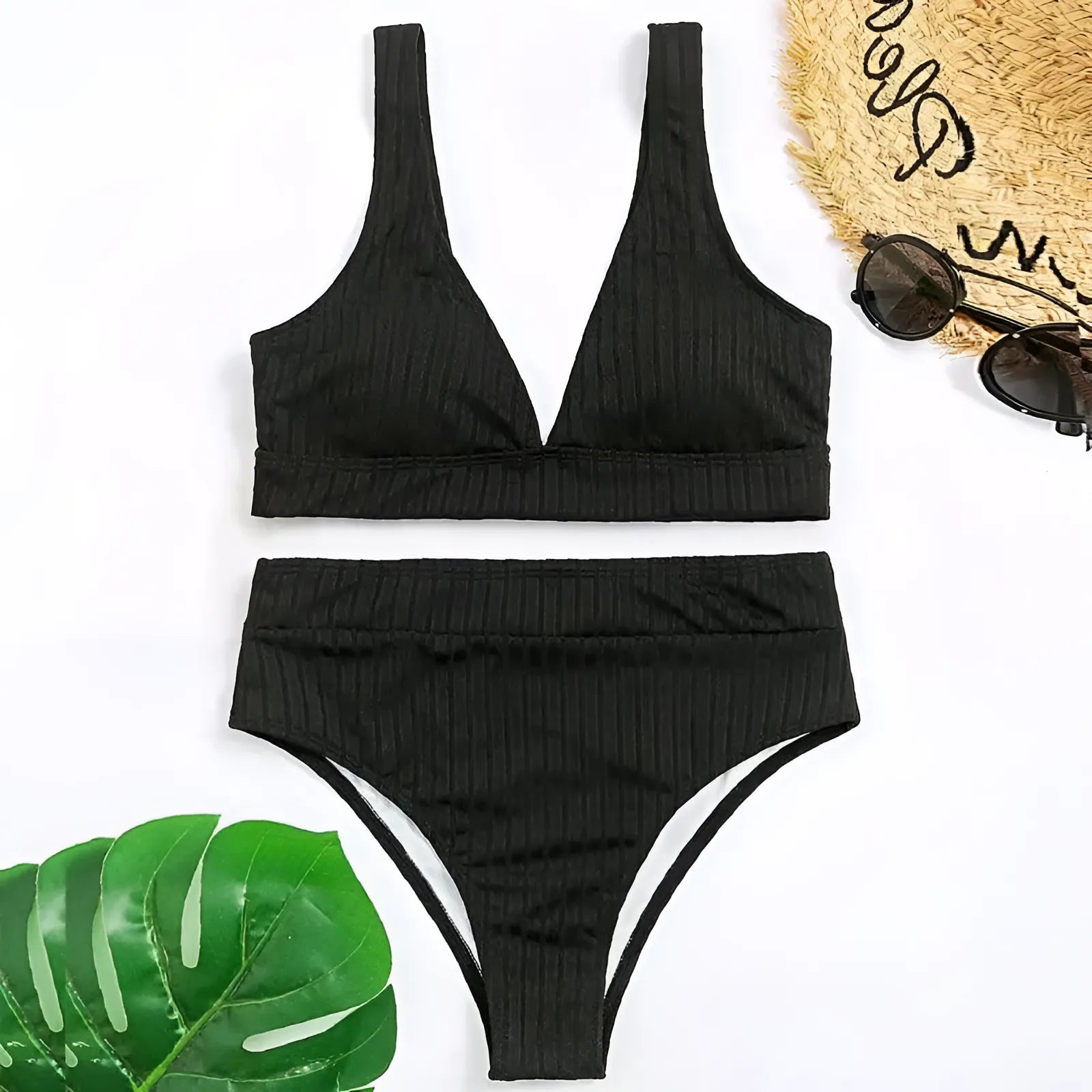 Black Striped Two-Piece Swimsuit