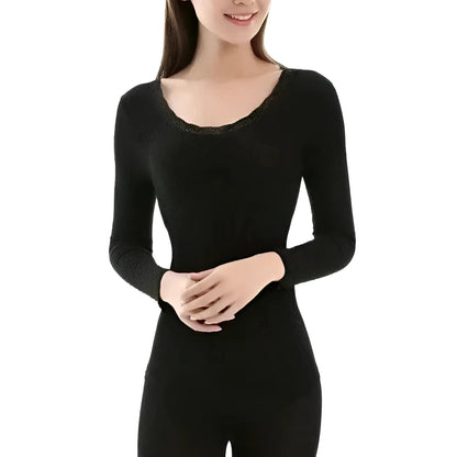 Black Thermal Clothing with Lace Neckline