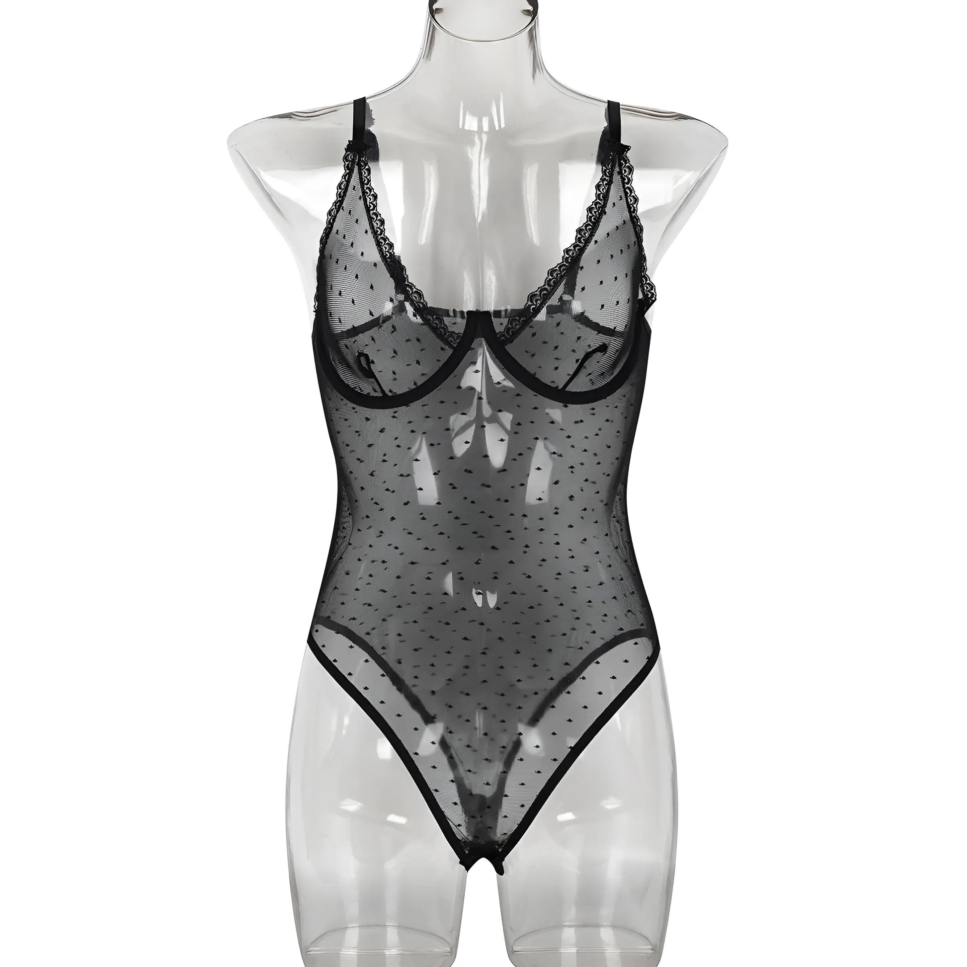 Black Transparent Lace Bodysuit with Deep V-Neck