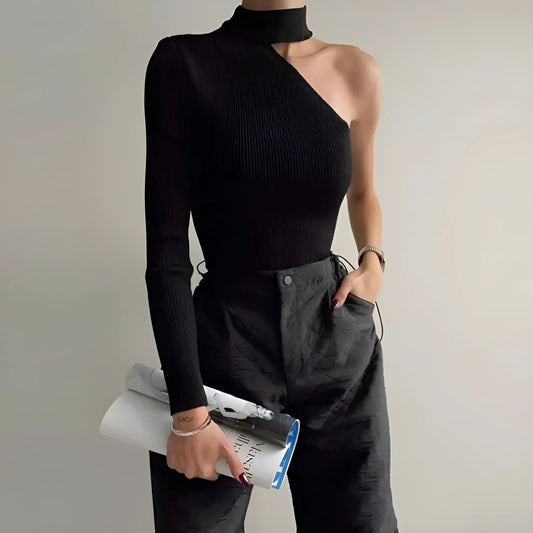  Black Turtleneck Bodysuit with One Shoulder Cut-Out