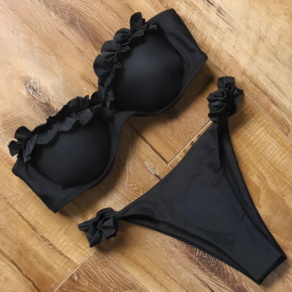 Black Two-piece bikini swimsuit with decorative frills