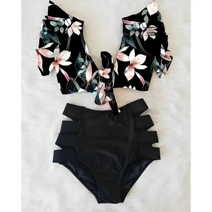 Black Two-Piece Swimsuit with Decorative Top