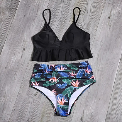 Black Two-Piece Swimsuit with Ruffle Detail