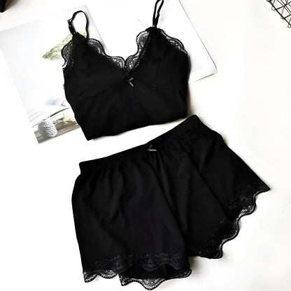 Black Two-Piece Women's Lace Trim Pyjama Set