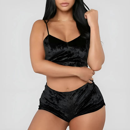 Black Velvet Pyjama Set with Top and Shorts