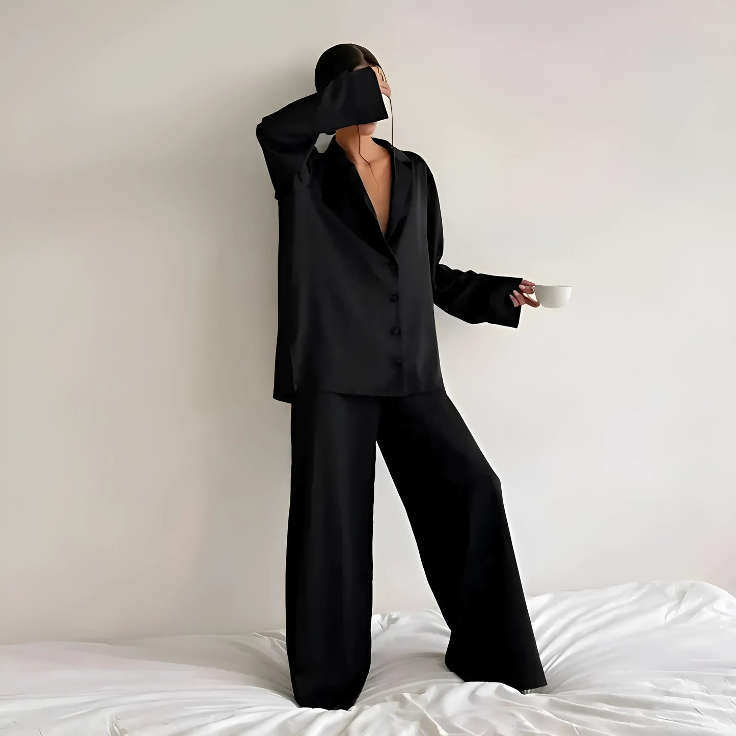 Black Wide satin pyjama