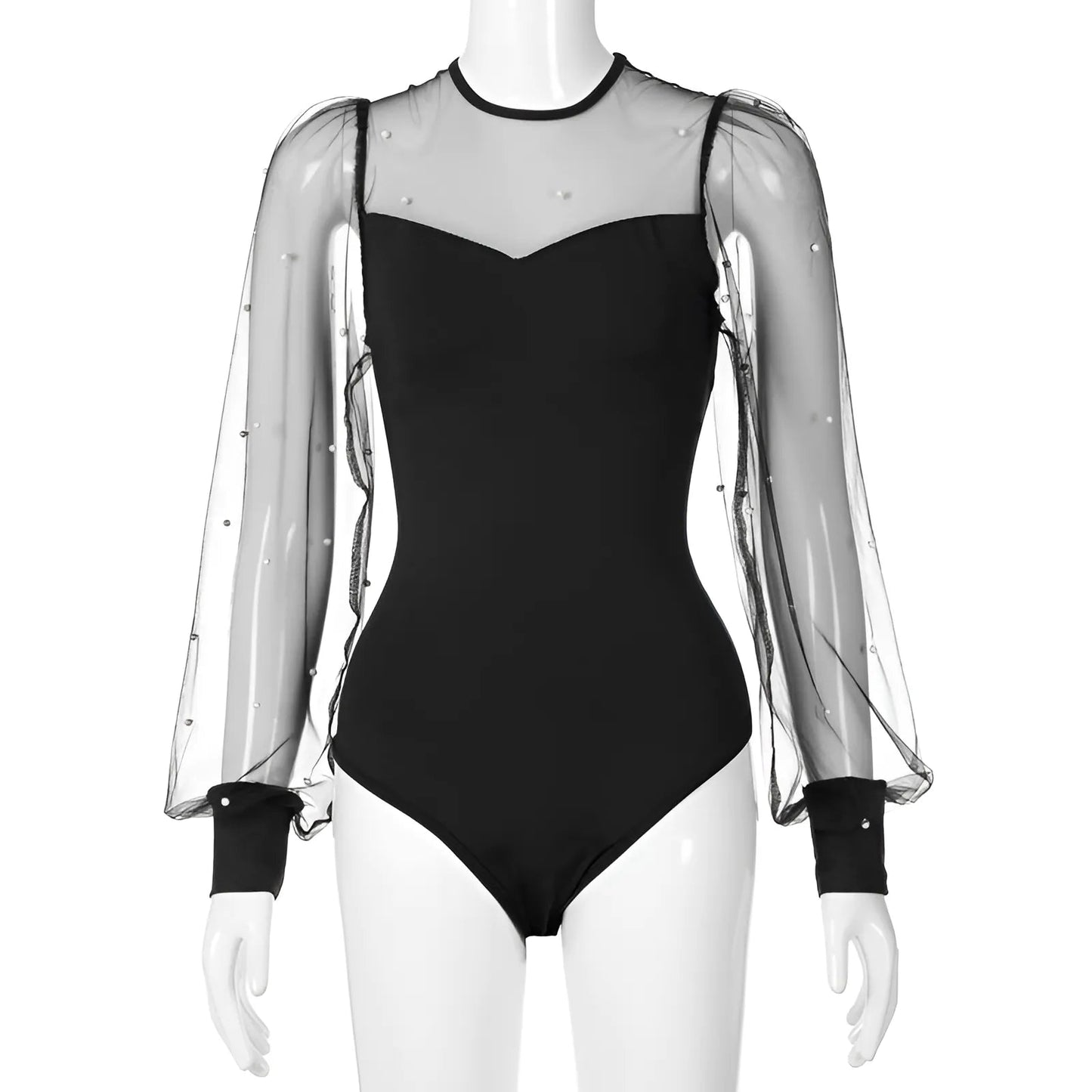 Black Women's Bodysuit with Decorative Sleeves