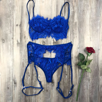 Blue 3-Piece Lace Lingerie Set with Thigh Straps