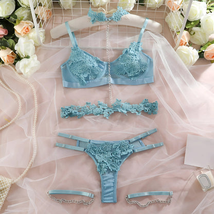 Blue 3-Piece Lingerie Set with Floral Lace